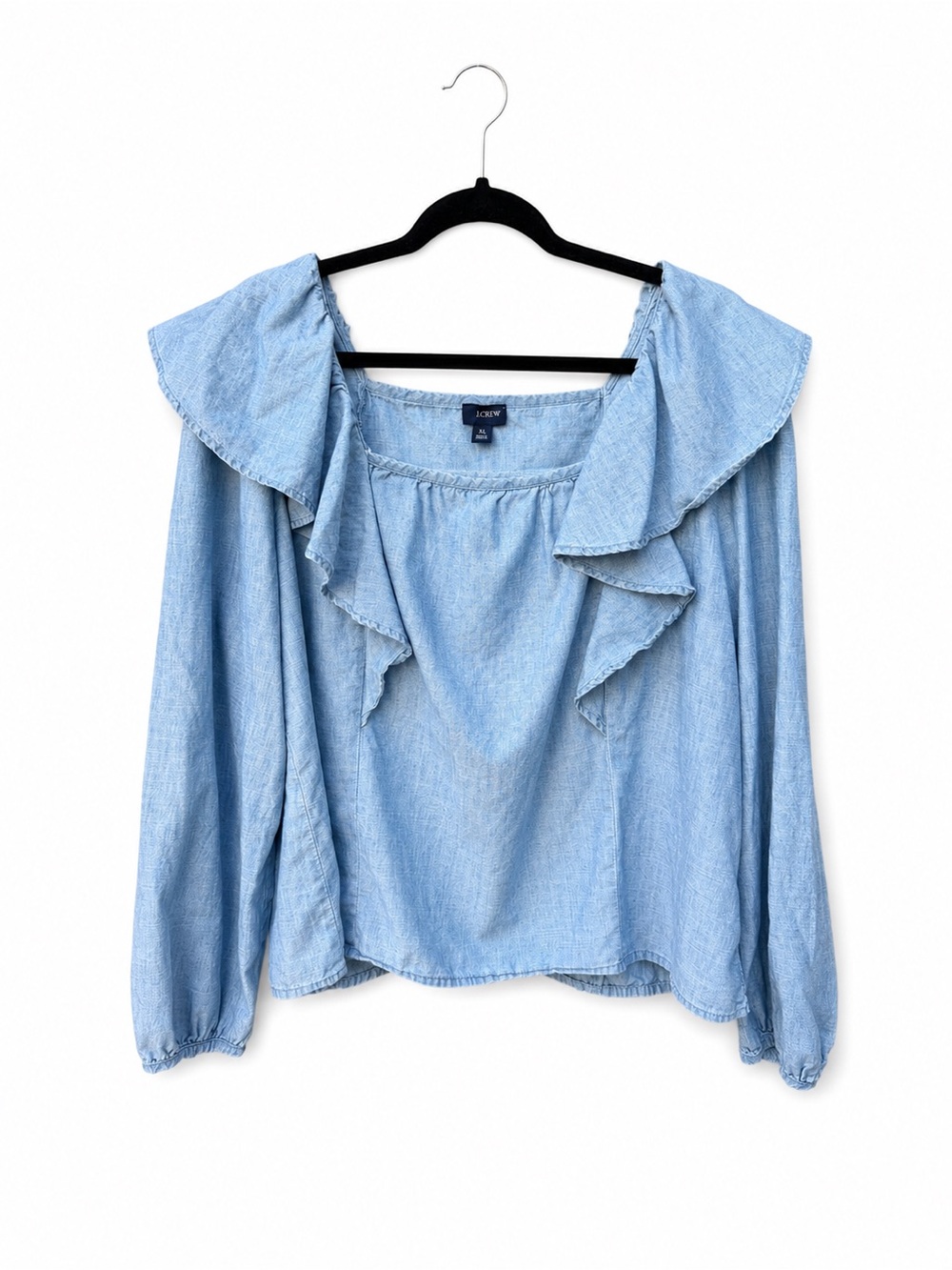 J Crew Chambray Squareneck Ruffle Top Shirt Denim size XL cotton coastal blouse - Picture 2 of 5